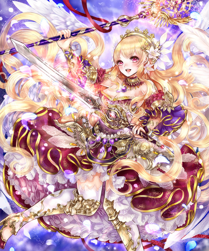 1girl, angel_wings, bare_shoulders, blonde_hair, crown, dress, flower, greek_mythology, hair_flower, hair_ornament, haruci, highres, holding, holding_staff, holding_sword, holding_weapon, long_hair, looking_at_viewer, nike_(mythology), open_mouth, petals, petticoat, shingoku_no_valhalla_gate, solo, staff, sword, thigh-highs, very_long_hair, weapon, white_legwear, wings