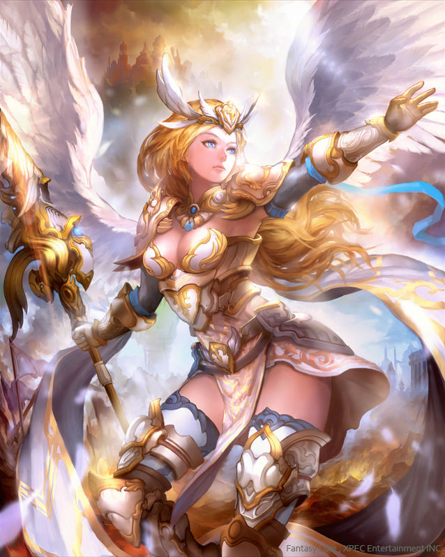 1girl, angel_wings, armor, bad_anatomy, blonde_hair, blue_eyes, breasts, cape