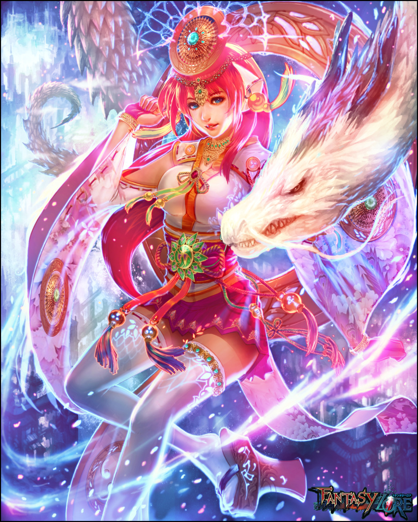 1girl, absurdres, blue_eyes, copyright_name, cyl1981, dragon, fantasy_lore, geta
