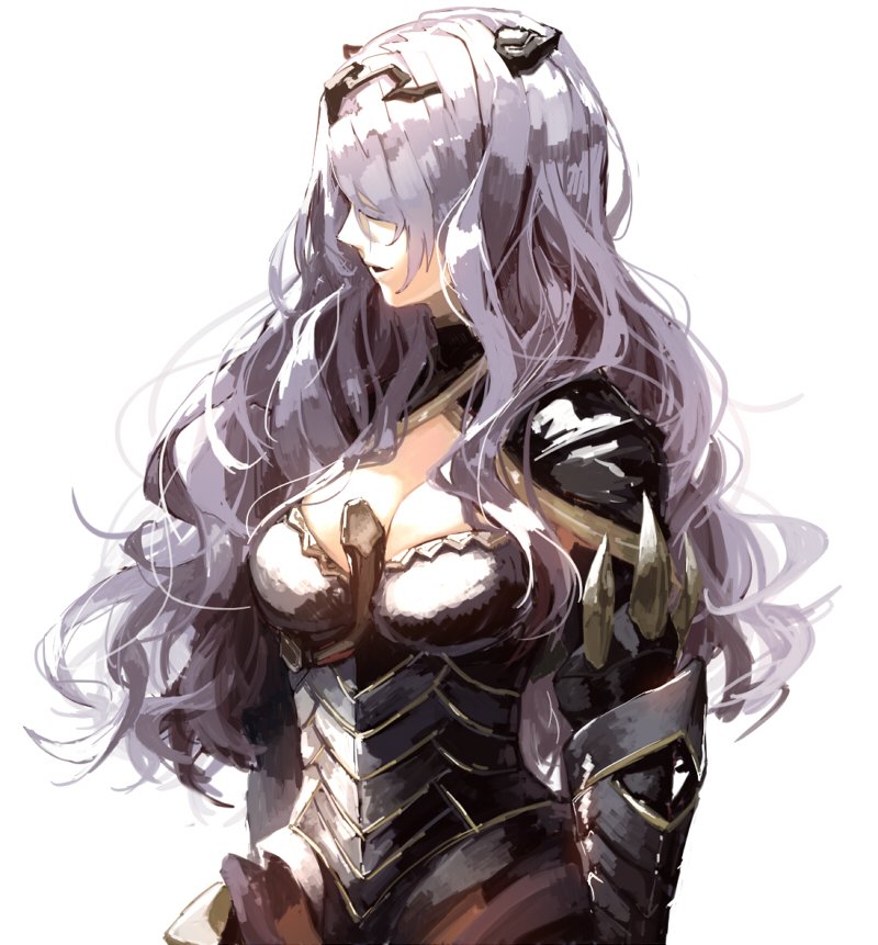 1girl, armor, black_armor, breasts, camilla_(fire_emblem_if), cleavage, fire_emblem, fire_emblem_if, hair_over_eyes, hamada_(super_tachioyogi_kyousou), long_hair, purple_hair, simple_background, solo, tiara, vambraces, wavy_hair, white_background