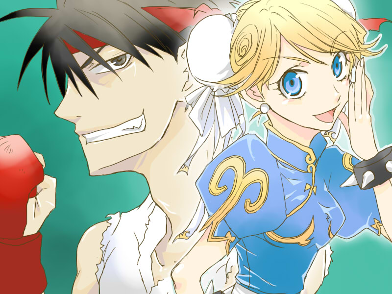 black_hair, blonde_hair, bracelet, bun_cover, chun-li, chun-li_(cosplay), cleo_everlastin, cosplay, double_bun, headband, jewelry, kittaka_kaname, majutsushi_orphen, orphen, ryu, ryu_(cosplay), ryuu_(street_fighter), ryuu_(street_fighter)_(cosplay), spiked_bracelet, spikes, street_fighter
