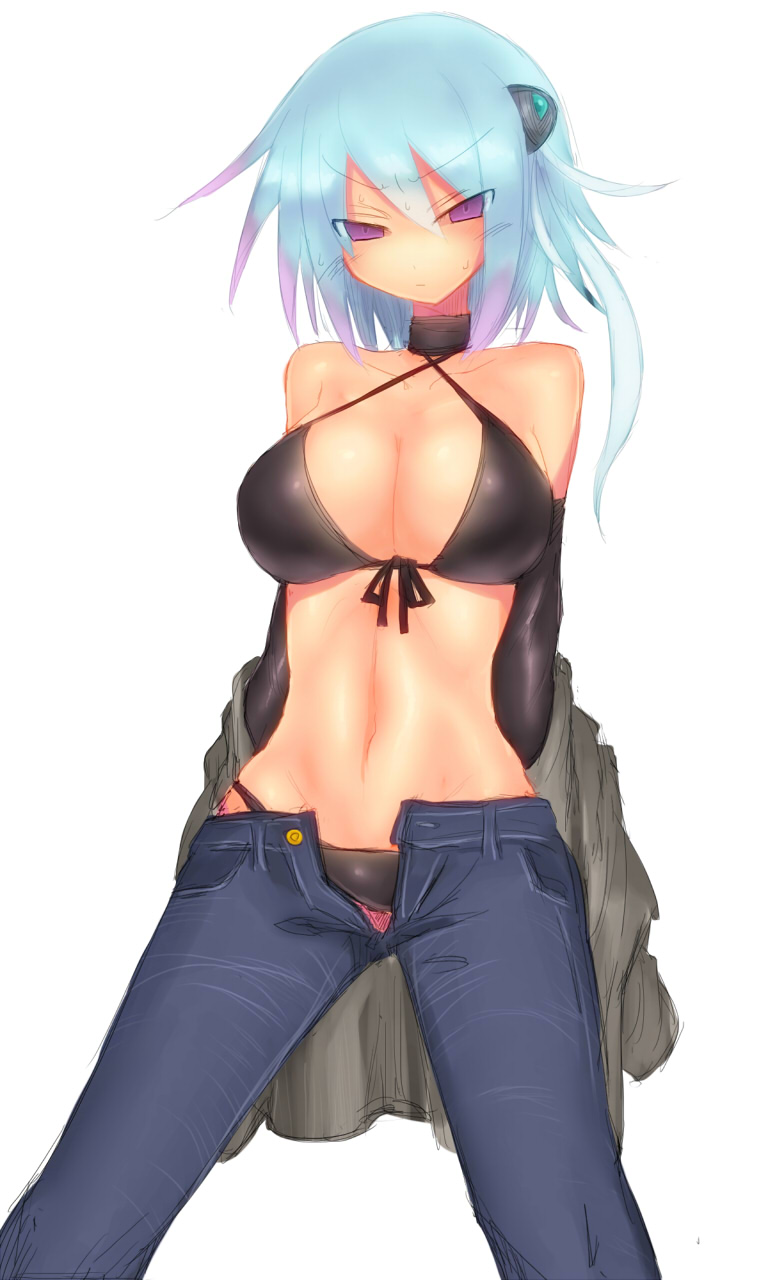 1girl, bare_shoulders, bikini, bikini_under_clothes, black_bikini, black_gloves, blue_hair, blush
