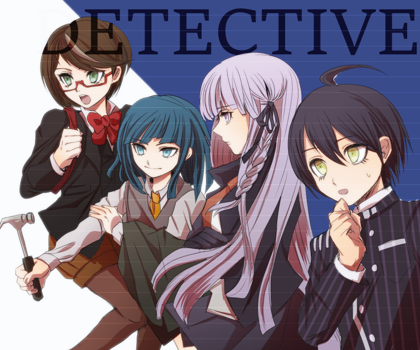 2boys, 2girls, ahoge, androgynous, black, black_hair, blue_eyes, blue_hair, bow, braid, brown_hair, dangan_ronpa_1, dangan_ronpa_kirigiri, danganronpa:_trigger_happy_havoc, danganronpa_(series), danganronpa_v3:_killing_harmony, eyelashes, gakuran, glasses, green_eyes, hammer, highres, kirigiri_kyoko, lavender_hair, lineup, long_hair, multiple_boys, multiple_girls, necktie, new_dangan_ronpa_v3, oimohashi, orange_necktie, pantyhose, red-framed_eyewear, red_bow, reverse_trap, rico_(dangan_ronpa), saihara_shuichi, samidare_yui, school_uniform, semi-rimless_glasses, short_hair, shorts, single_braid, striped, sweatdrop, sweater_vest, trait_connection, under-rim_glasses, uozumi_taehime, vertical_stripes, yellow_eyes