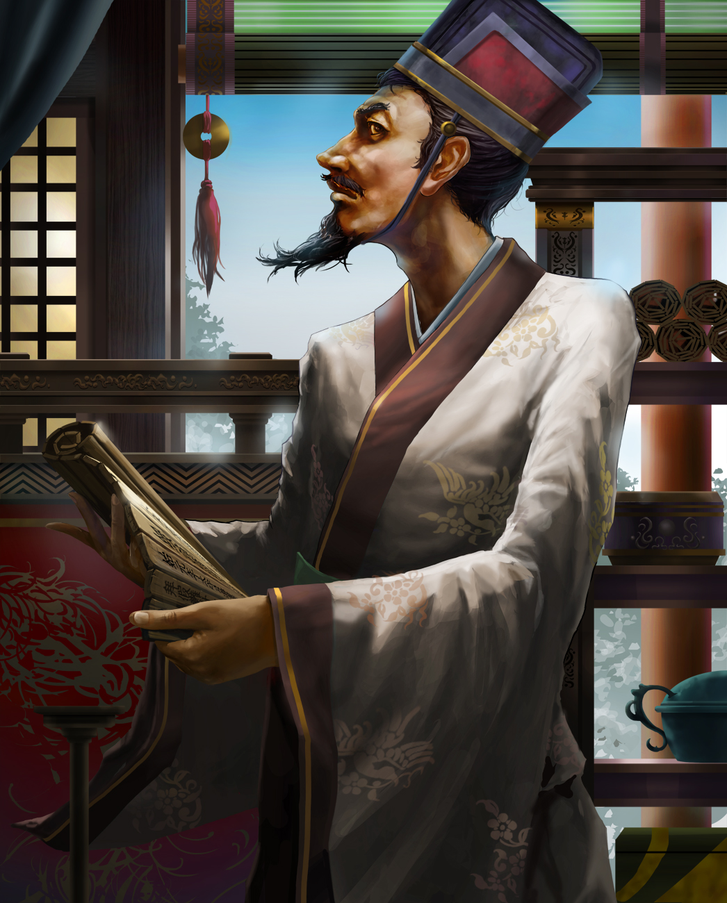 1boy, beard, black_hair, blue_sky, brown_eyes, chinese_clothes, day, dong_yun, facial_hair, hat, highres, indoors, kazemachi_(akainan), looking_to_the_side, male_focus, mustache, profile, sangokushi_taisen, scroll, sky, solo, standing, window