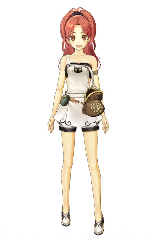 1girl, atelier_(series), atelier_ayesha, black_bra, bra, brown_eyes, collarbone, female, full_body, hair_ornament, hair_scrunchie, high_ponytail, long_hair, looking_at_viewer, marietta_muir, official_art, open_mouth, redhead, scrunchie, shorts, simple_background, solo, strapless, strapless_bra, underwear, white_background