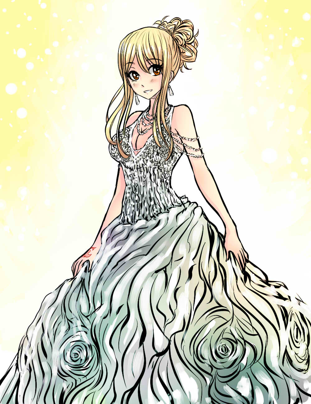 1girl, blonde_hair, breasts, brown_eyes, cleavage, dress, earrings, eyebrows_visible_through_hair