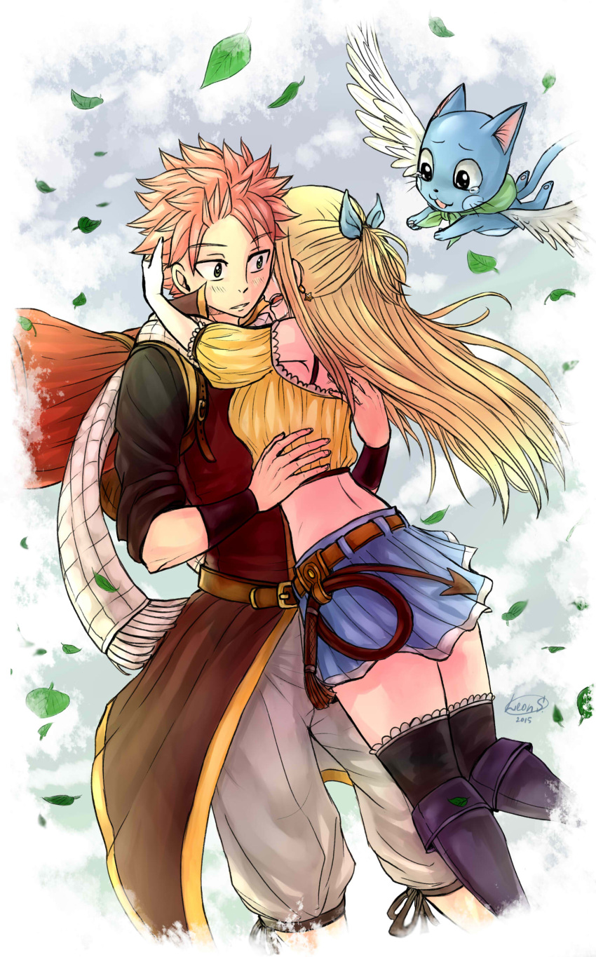 1boy, 1girl, absurdres, black_bra, black_legwear, blonde_hair, blue_ribbon, blue_skirt, boots, bra, crop_top, earrings, fairy_tail, feathered_wings, hair_ribbon, happy_(fairy_tail), highres, hug, jewelry, knee_boots, leonstar, long_hair, lucy_heartfilia, natsu_dragneel, open_mouth, pink_hair, pleated_skirt, purple_boots, ribbon, scarf, shirt, skirt, spiky_hair, tears, thigh-highs, underwear, white_scarf, white_wings, wings, yellow_shirt, zettai_ryouiki
