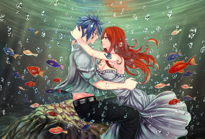 1boy, 1girl, belt, blue_hair, breasts, brown_eyes, bubble, dress