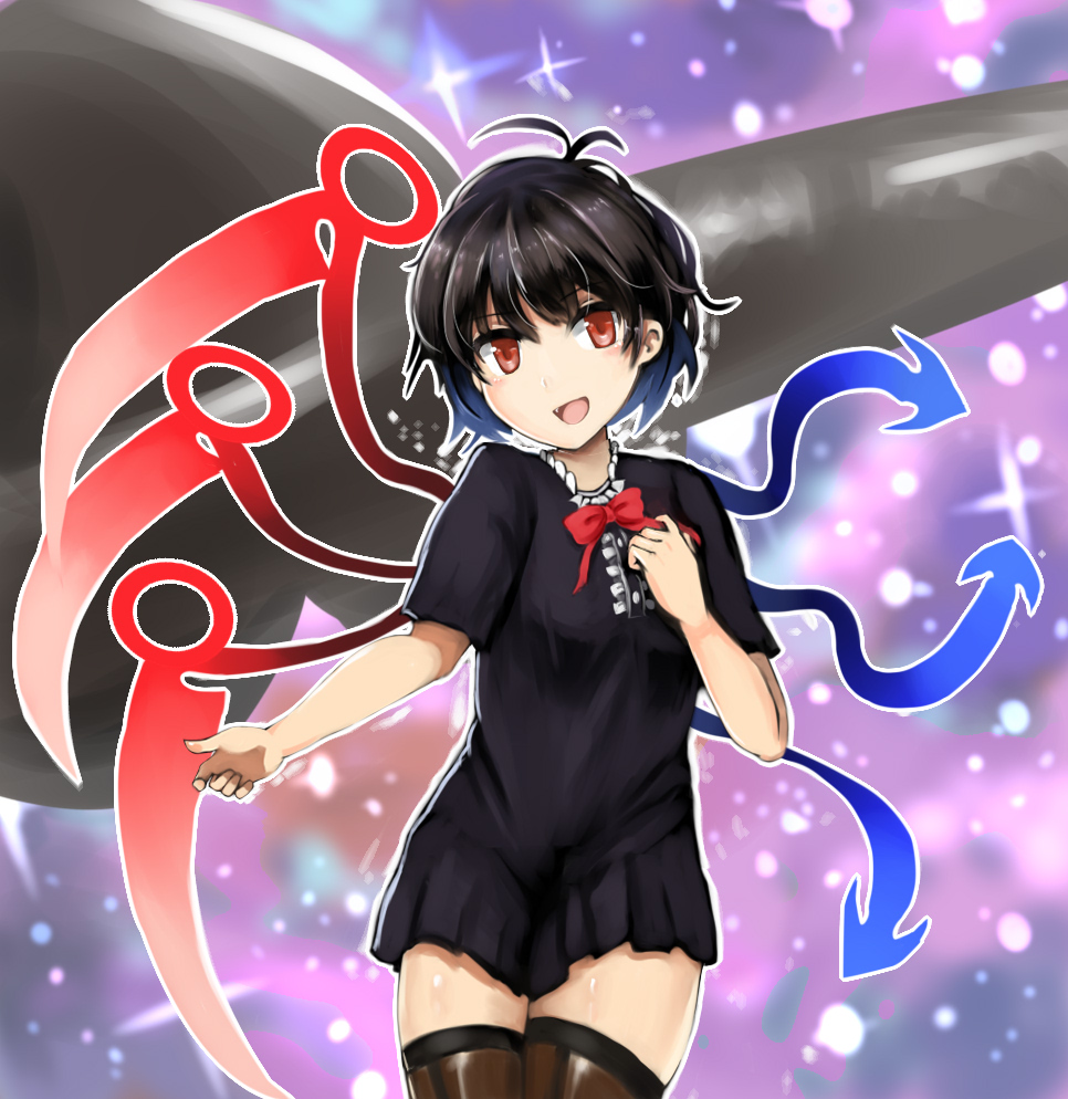 1860_(ichi), 1girl, asymmetrical_wings, black_dress, black_hair, black_legwear, dress, houjuu_nue