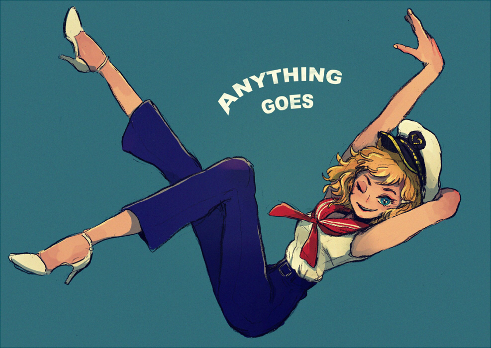 1girl, america_(hetalia), anything_goes, axis_powers_hetalia, blonde_hair, blue_eyes, english, female, genderswap, genderswap_(mtf), hair_ornament, hairclip, hat, high_heels, k_(umumumu), one_eye_closed, pants, sailor_collar, sailor_hat, smile, solo