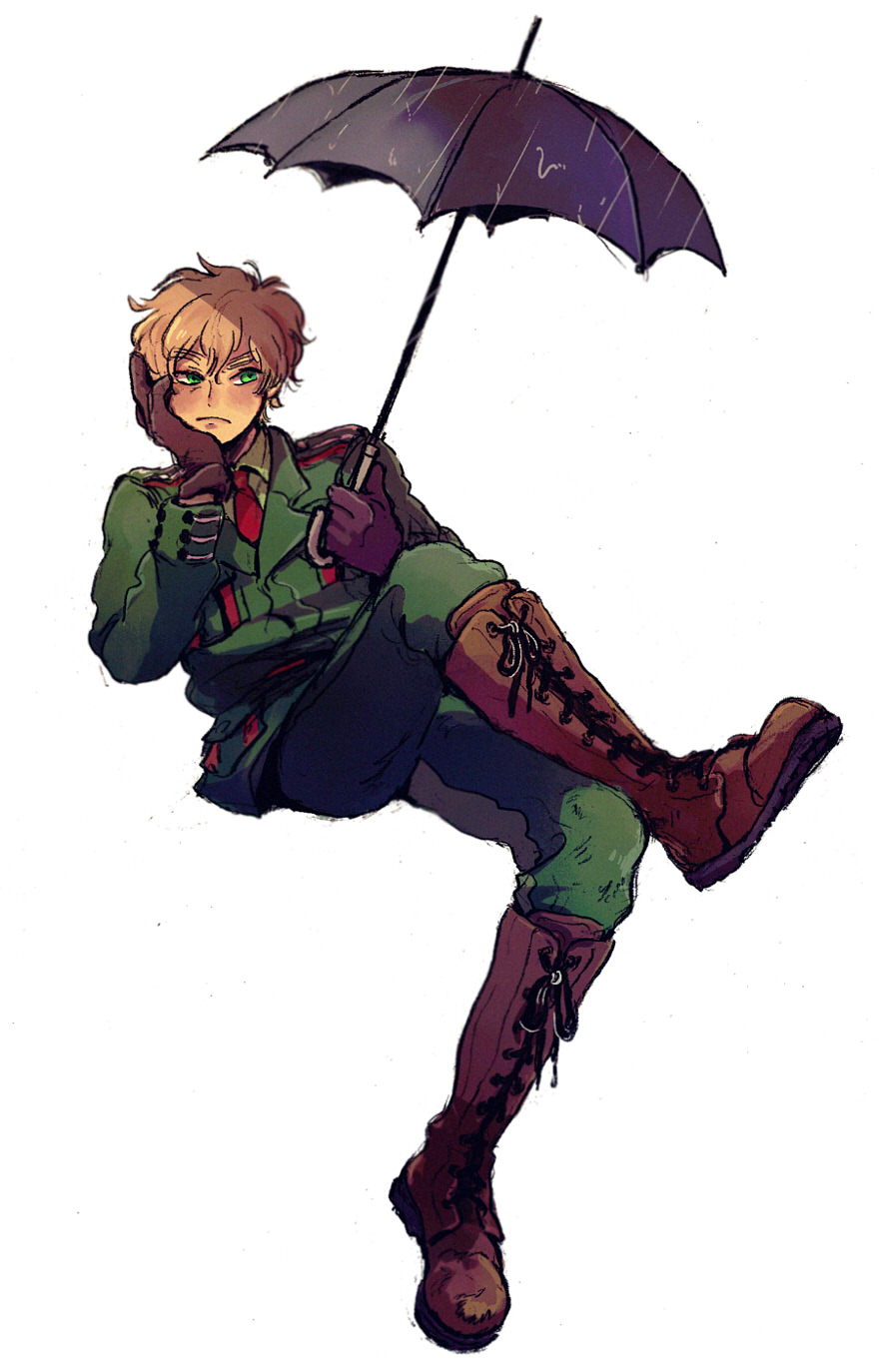 1boy, axis_powers_hetalia, black_gloves, blonde_hair, boots, cross-laced_footwear, gloves, green_eyes
