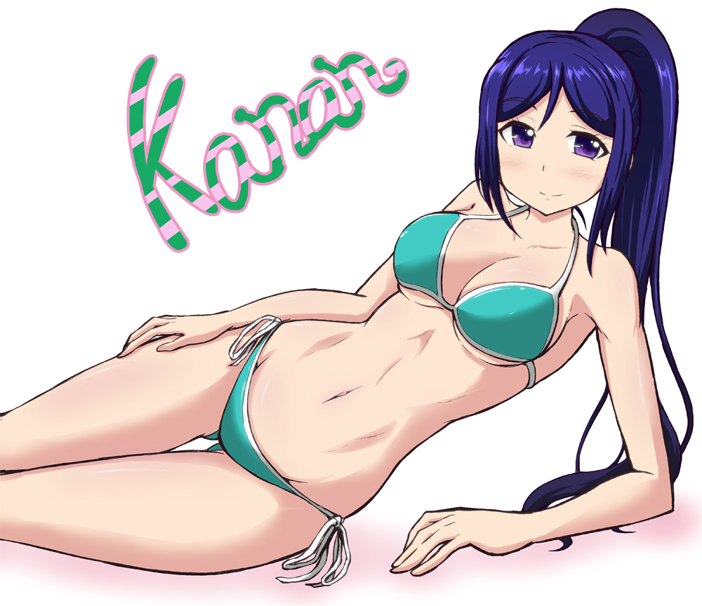 1girl, arm_support, bikini, blue_hair, blush, breasts, character_name, cleavage