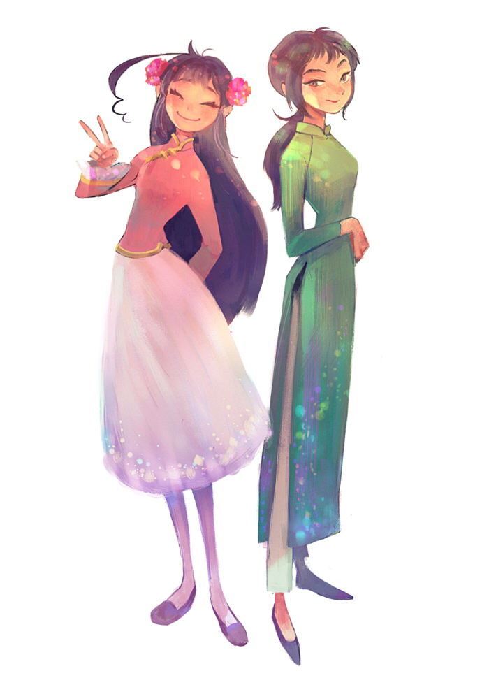 2girls, ^_^, ahoge, axis_powers_hetalia, black_hair, brown_eyes, closed_eyes, dress