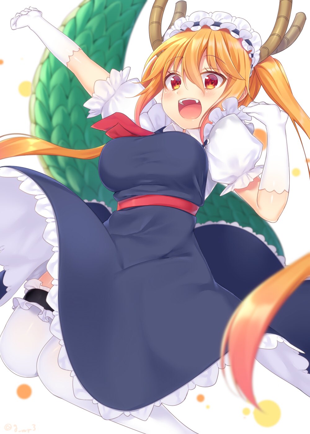 1girl, :d, apron, arm_up, bangs, blonde_hair, blurry, blush, breasts, brown_eyes, depth_of_field, dragon_horns, dragon_tail, eyebrows_visible_through_hair, female, frilled_legwear, gloves, hair_between_eyes, hand_up, highres, horns, jiiwara, kobayashi-san_chi_no_maidragon, large_breasts, long_hair, looking_at_viewer, maid, maid_headdress, open_mouth, puffy_short_sleeves, puffy_sleeves, short_sleeves, signature, simple_background, smile, solo, tail, teeth, thigh-highs, tooru_(maidragon), twintails, twitter_username, very_long_hair, white_background, white_gloves, white_legwear