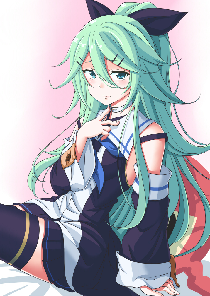 blsh, blue_eyes, dress, green_hair, kantai_collection, long_hair, personification, yamakaze_(kantai_colection)