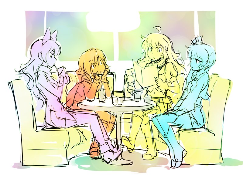 4girls, blake_belladonna, cafe, color_connection, commentary, couch, drinking, drinking_straw, glasses, iesupa, menu, multiple_girls, pepper_shaker, roosterteeth, ruby_rose, rwby, salt_shaker, seiyuu_connection, table, weiss_schnee, window, yang_xiao_long