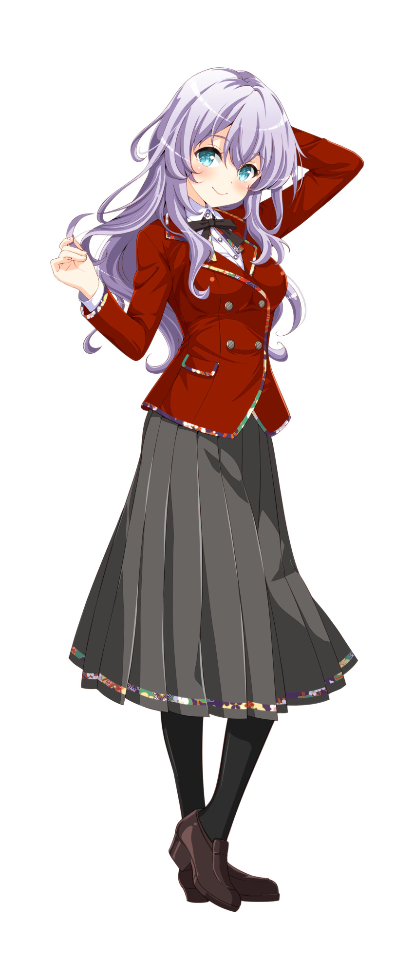 1girl, absurdres, anette_olga_karasawa, aqua_eyes, arm_up, black_legwear, blazer, blue_eyes