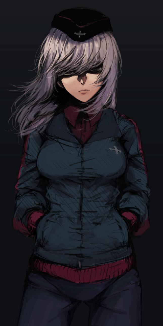 1girl, breasts, collared_shirt, frown, garrison_cap, girls_und_panzer, glaring, hair_over_eyes