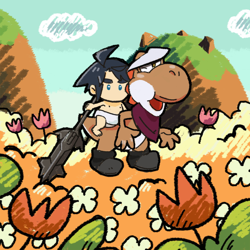 1boy, baby, bado, black_hair, blue_eyes, blue_sky, clouds, diaper, flower, gundam, gundam_tekketsu_no_orphans, highres, hill, male_focus, super_mario_bros., mikazuki_augus, orga_itsuka, parody, polearm, riding, sky, solo, style_parody, super_mario_world_2:_yoshi's_island, weapon, yoshi
