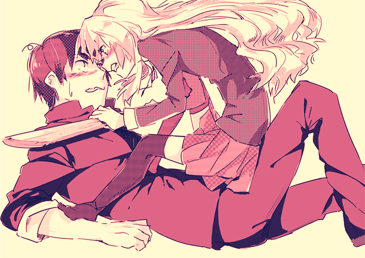 blush, bokken, chiko_(beroro), chiko_(pixiv29364), long_hair, school_uniform, sepia, short_hair