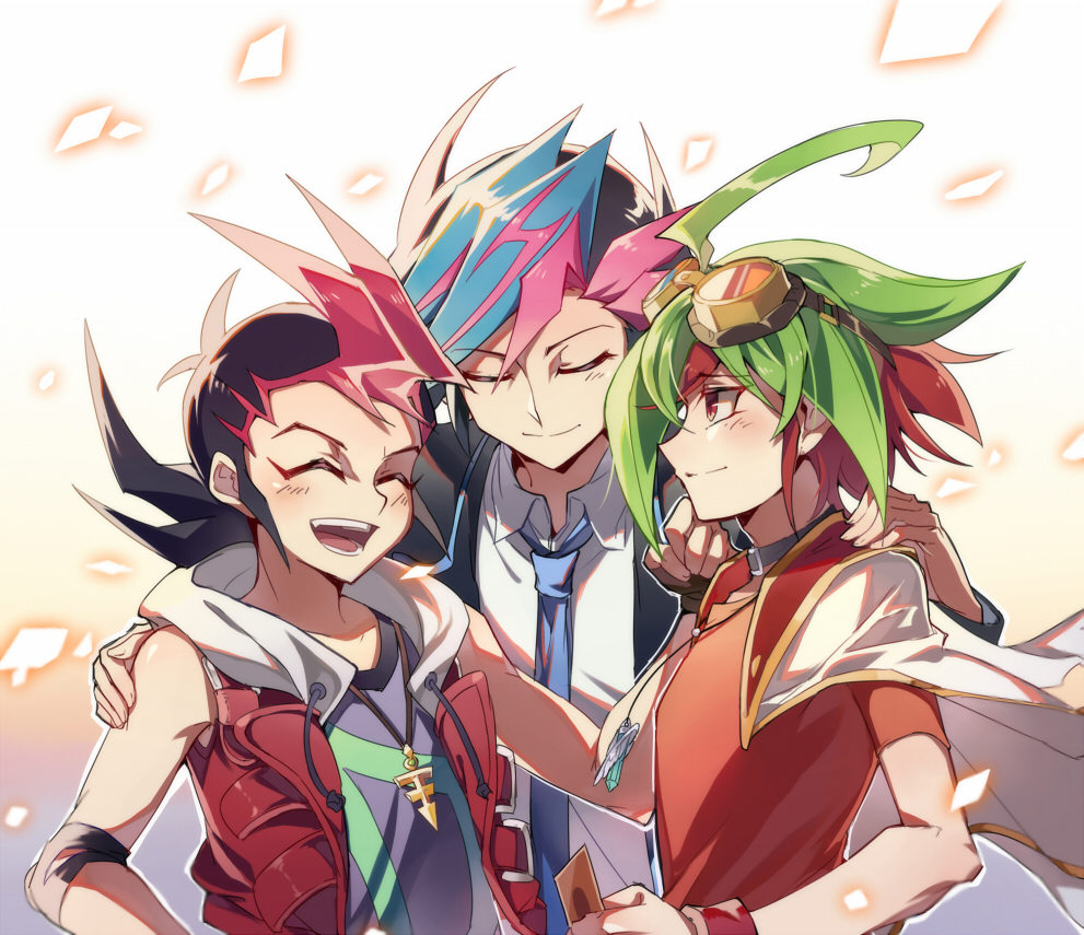 3boys, ahoge, black_hair, blazer, blue_hair, blue_necktie, card, choker