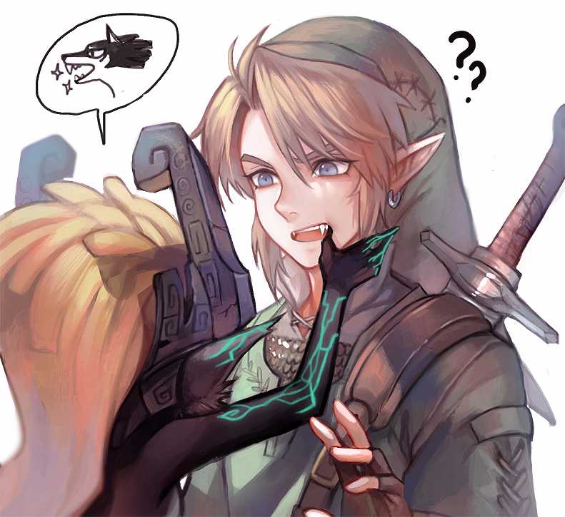 1boy, 1girl, ?, blonde_hair, earrings, fangs, fingerless_gloves, gloves