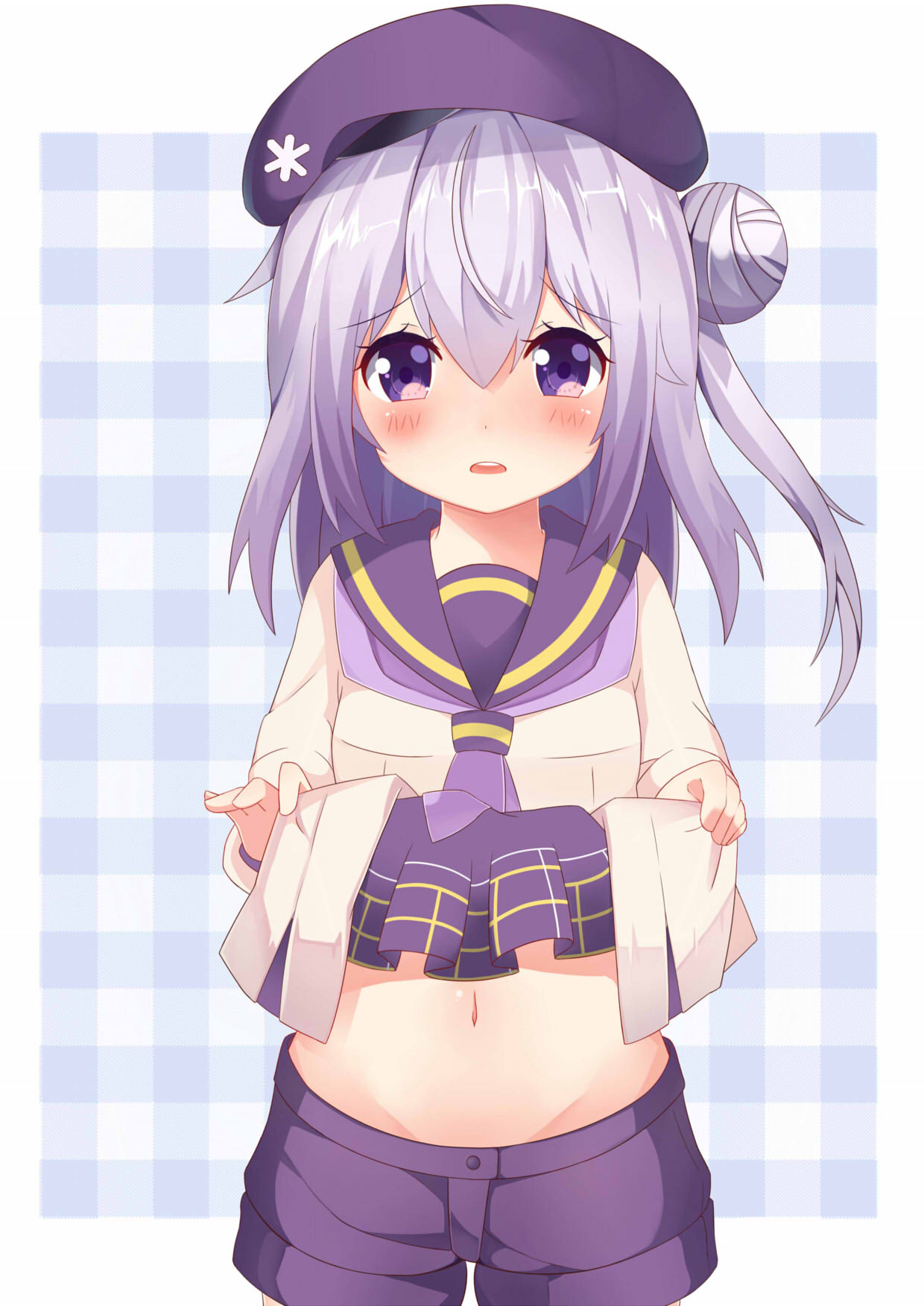 artist_request, blush, cowboy_shot, hair_bun, hat, highres, long_hair, looking_at_viewer