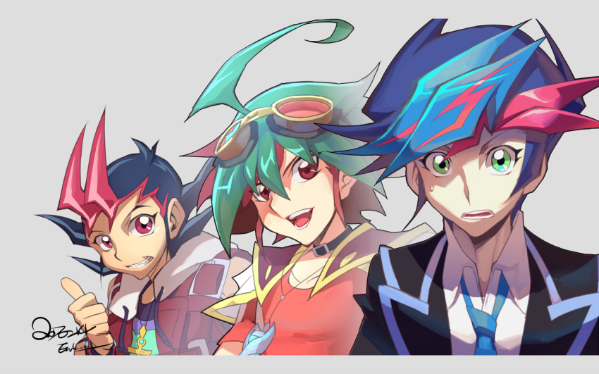 3boys, ahoge, black_hair, blue_hair, brown_eyes, ege_(597100016), fujiki_yuusaku, goggles