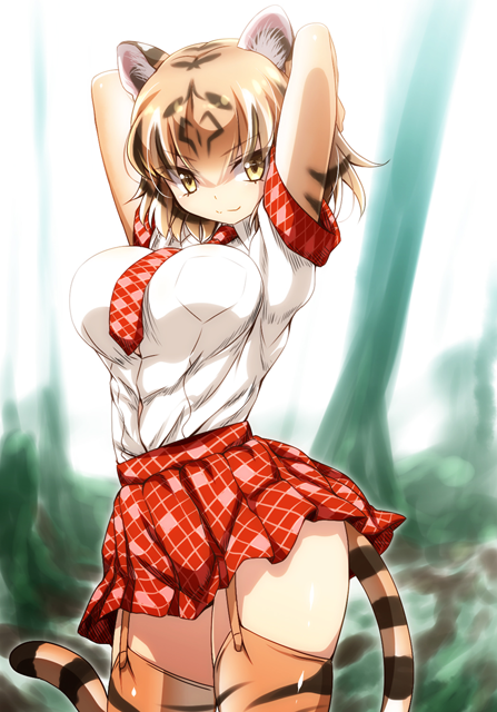 1girl, animal_ears, arms_up, breasts, cat_ears, cat_tail, commentary_request, kemono_friends