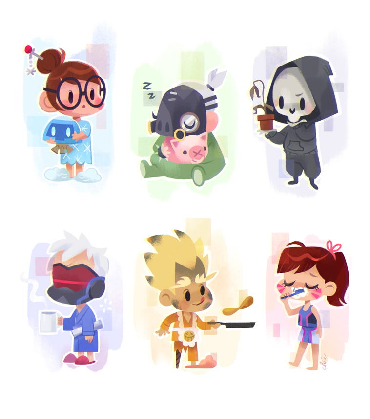 2girls, 4boys, :q, adapted_costume, apron, barefoot, black-framed_eyewear, blonde_hair, bracelet, brown_hair, brushing_teeth, chibi, chin_stroking, closed_eyes, commentary, cooking, cup, d.va_(overwatch), dirty_face, face_mask, flower_pot, food, frying_pan, gas_mask, glasses, hair_bun, hair_ornament, hair_stick, holding, holding_cup, hood, hoodie, jewelry, junkrat_(overwatch), mask, mei_(overwatch), multicolored, multiple_boys, multiple_girls, newspaper, overwatch, pajamas, pancake, peg_leg, pig, ponytail, reaper_(overwatch), roadhog_(overwatch), scar, short_hair, shorts, simple_background, sleeping, slippers, snowball_(overwatch), soldier:_76_(overwatch), solid_circle_eyes, spiked_bracelet, spikes, spiky_hair, stuffed_animal, stuffed_pig, stuffed_toy, tank_top, thinking, tinysnails, tongue, tongue_out, visor, white_background, white_hair, zzz