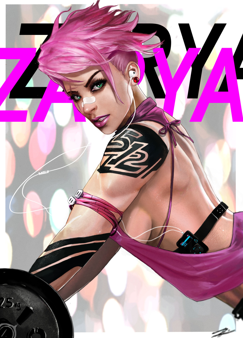1girl, absurdres, bare_back, cable, character_name, digital_media_player, drawstring, earphones, earphones, from_side, green_eyes, highres, looking_at_viewer, petri_rahkola, pink_hair, pink_shirt, scar, scar_across_eye, shirt, sleeveless, solo, tank_top, upper_body, zarya_(overwatch)