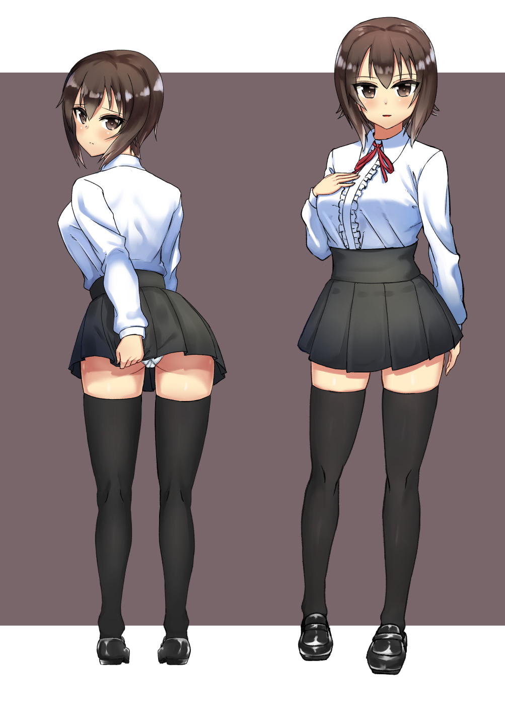 1girl, bangs, black_legwear, black_shoes, blush, breasts, brown_eyes, brown_hair
