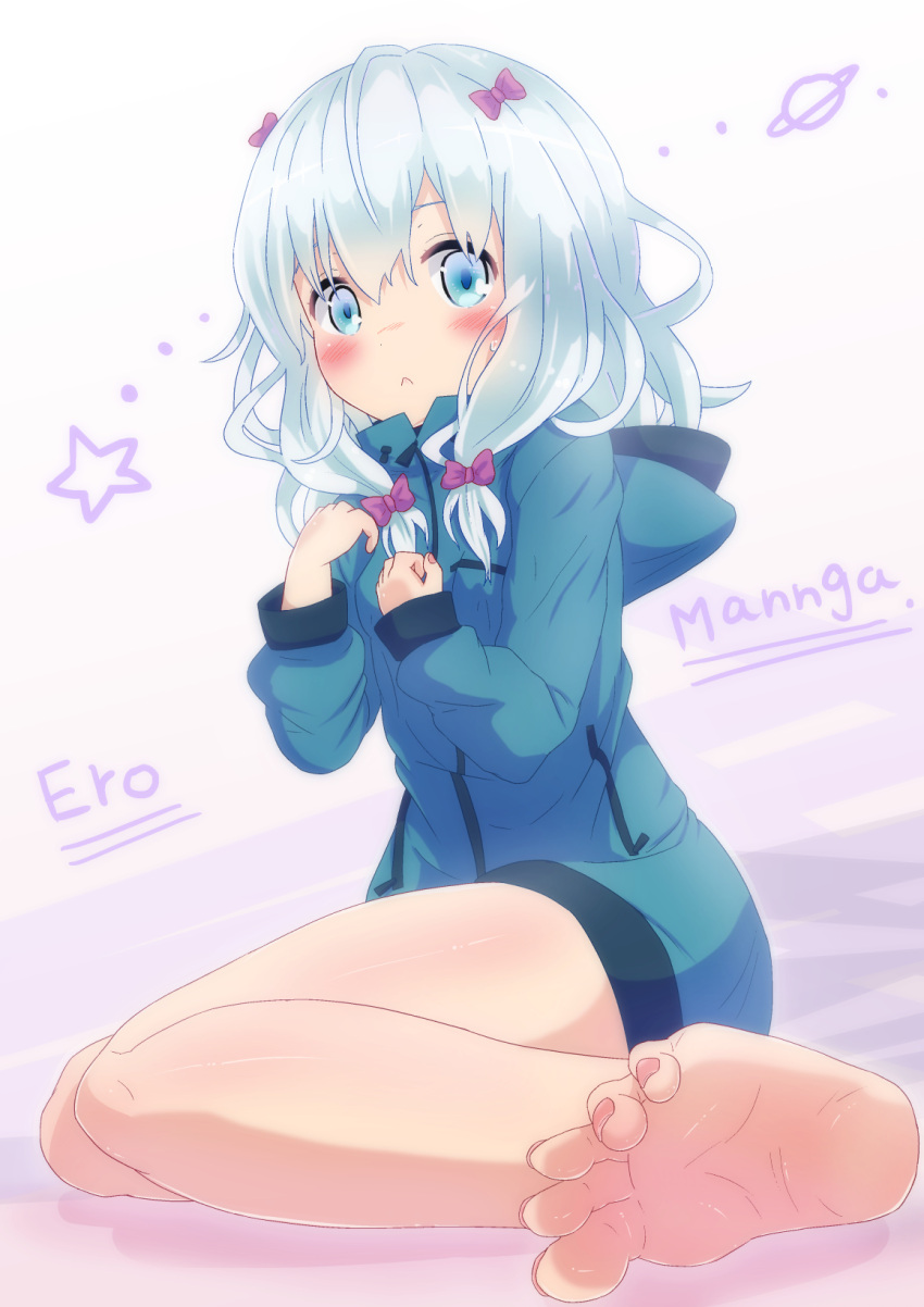1girl, barefoot, blue_eyes, blush, bow, ero_manga_sensei, flower, hair_bow
