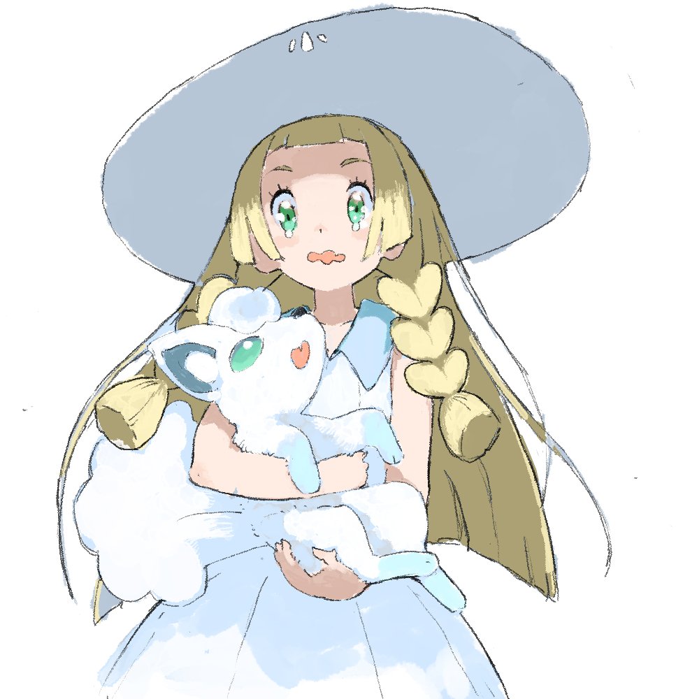 1girl, alola_form, alolan_vulpix, blonde_hair, braid, dress, green_eyes, hat, holding, kkxxxx, lillie_(pokemon), long_hair, open_mouth, pokemon, pokemon_(anime), pokemon_(creature), pokemon_(game), pokemon_sm, pokemon_sm_(anime), simple_background, sleeveless, sleeveless_dress, sun_hat, tears, twin_braids, white_background, white_dress, white_hat