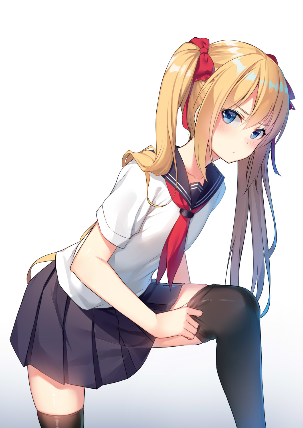 1girl, adjusting_clothes, adjusting_legwear, alexmaster, bangs, black_legwear, blonde_hair, blue_eyes