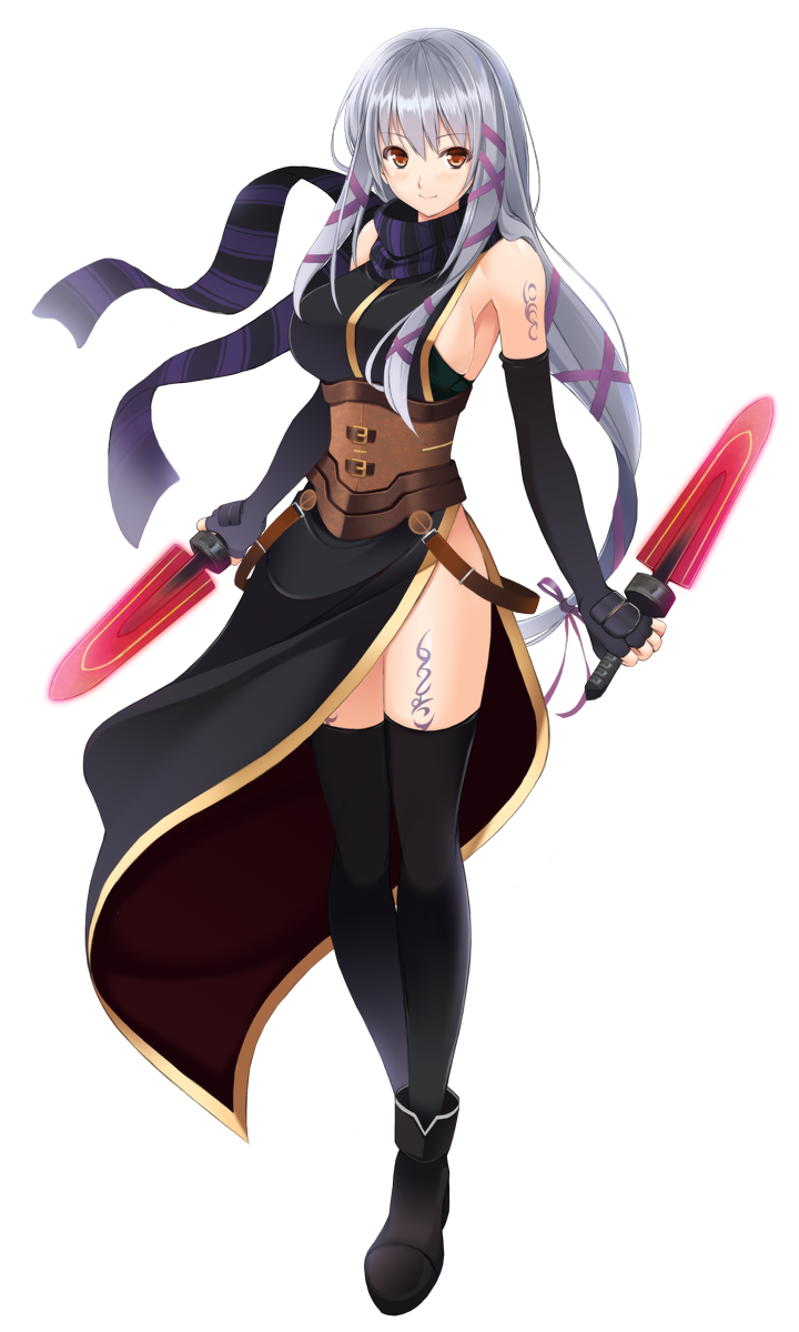 1girl, boots, brown_eyes, clair_lasbard, dagger, elbow_gloves, gloves, hair_ribbon, highres, ribbon, scarf, silver_hair, solo, star_ocean, star_ocean_till_the_end_of_time, striped, striped_scarf, tattoo, thigh-highs, weapon, womi