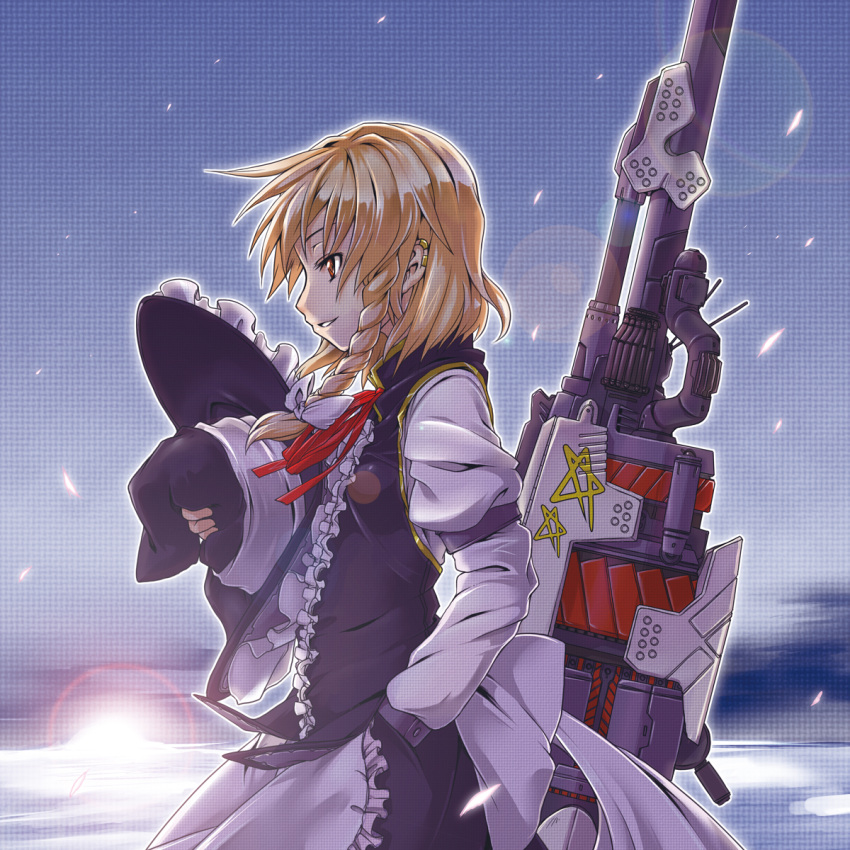 bfg, blonde_hair, cannon, earrings, frills, gun, hat, hat_removed