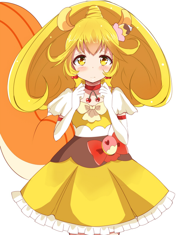 1girl, animal_ears, blonde_hair, blush, choker, cosplay, cure_custard, cure_custard_(cosplay), cure_peace, elbow_gloves, embarrassed, food_themed_hair_ornament, gloves, hair_ornament, haru_(nature_life), kirakira_precure_a_la_mode, kise_yayoi, looking_at_viewer, magical_girl, ponytail, precure, short_hair, simple_background, smile_precure!, solo, squirrel_ears, squirrel_tail, tail, white_background, white_gloves, yellow_eyes