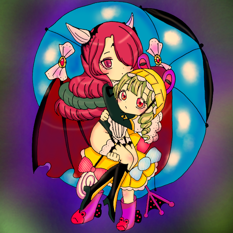 2girls, blonde_hair, boots, carrying, drill_hair, hug, lady_proud, mahou_shoujo_ikusei_keikaku