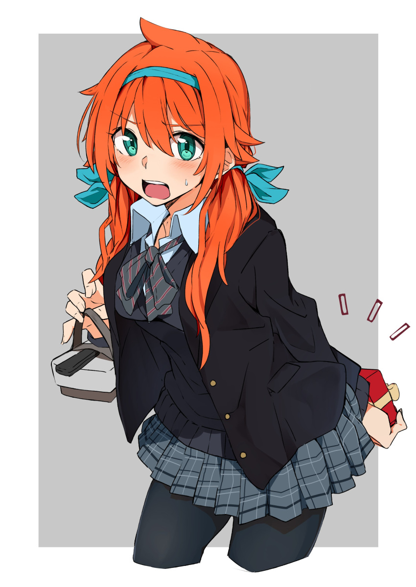 1girl, absurdres, amano_tora, aqua_eyes, aqua_ribbon, arm_behind_back, bangs, black_legwear