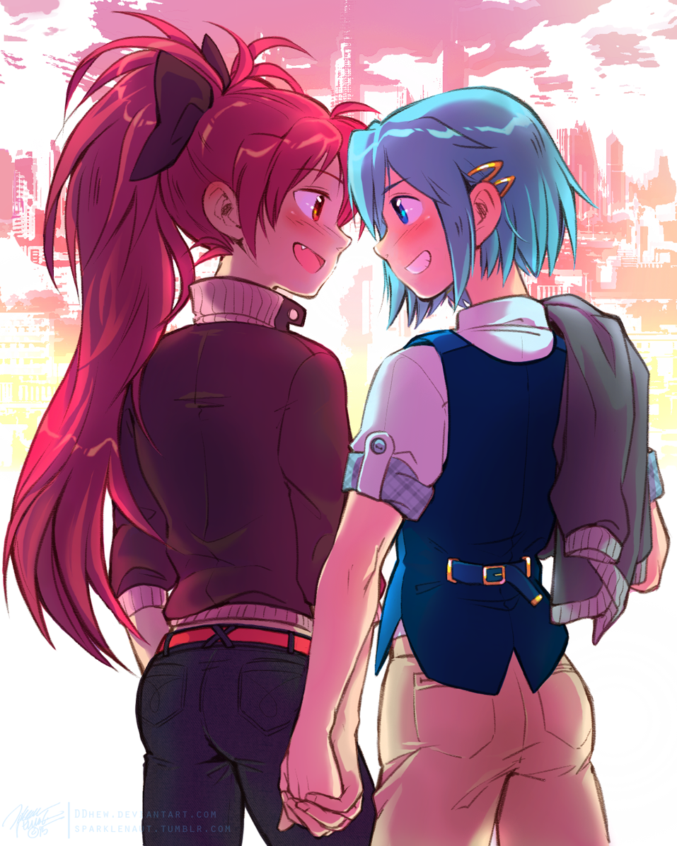 2girls, ass, blue_eyes, blue_hair, blush, casual, commentary, couple, ddhew, denim, eye_contact, fang, forehead-to-forehead, from_behind, grin, hair_ornament, hair_ribbon, hairpin, hand_holding, jacket_on_shoulders, jeans, long_hair, looking_at_another, mahou_shoujo_madoka_magica, mahou_shoujo_madoka_magica_movie, miki_sayaka, multiple_girls, pants, pink_hair, red_eyes, ribbon, sakura_kyouko, short_hair, sideways_mouth, sleeves_folded_up, sleeves_pushed_up, smile, vest, yuri