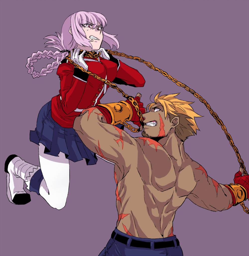1boy, 1girl, bangs, belt, beowulf_(fate/grand_order), blonde_hair, braid, chains