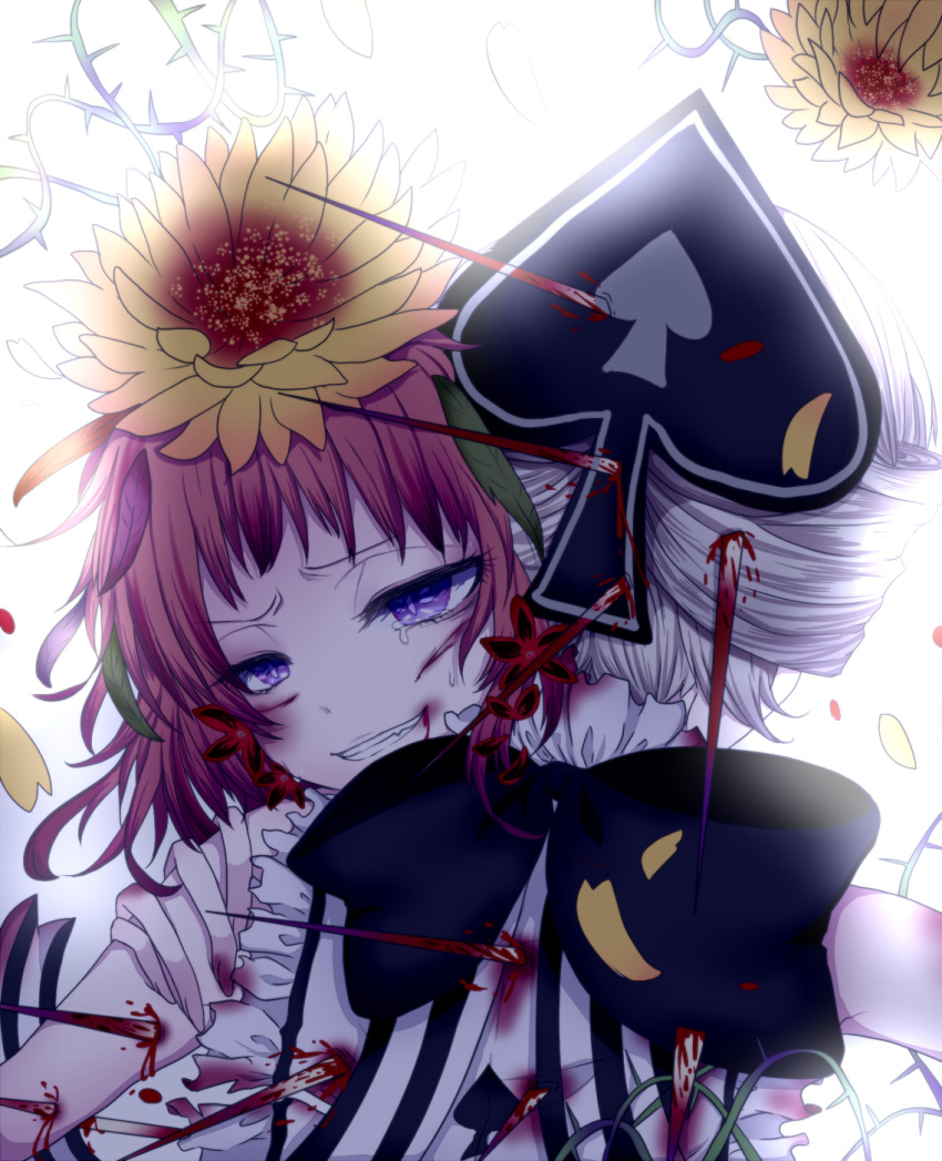 2girls, blood, flower, flower_on_head, fukuroi_marika, grin, highres, hug