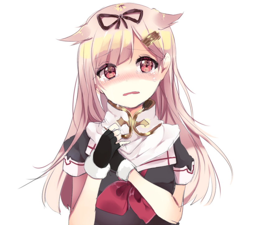 1girl, bad_anatomy, black_gloves, black_serafuku, blonde_hair, blush, crying, crying_with_eyes_open