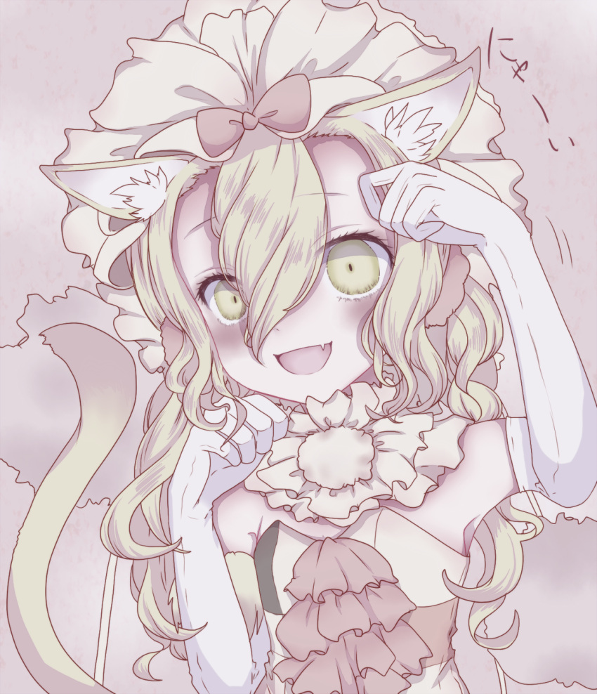 1girl, animal_ears, blonde_hair, cat_ears, cat_tail, elbow_gloves, fang, gloves