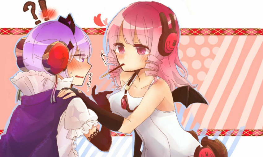 2girls, blush, fingerless_gloves, food, gloves, hand_on_another's_shoulder, headphones, highres