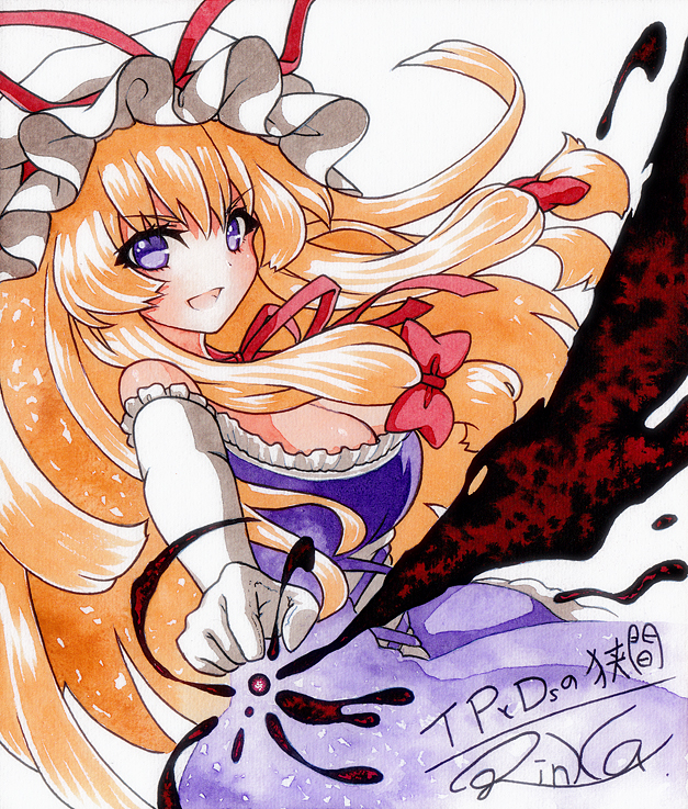 1girl, adapted_costume, artist_name, bangs, blonde_hair, bow, breasts, choker
