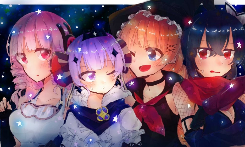 4girls, black_hair, blonde_hair, blush, goggles, goggles_around_neck, hat, headphones