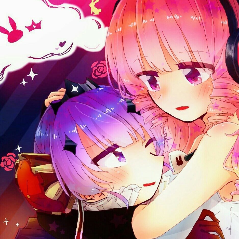 2girls, blush, hand_on_another's_head, hug, mahou_shoujo_ikusei_keikaku, momizi11005, multiple_girls, one_eye_closed
