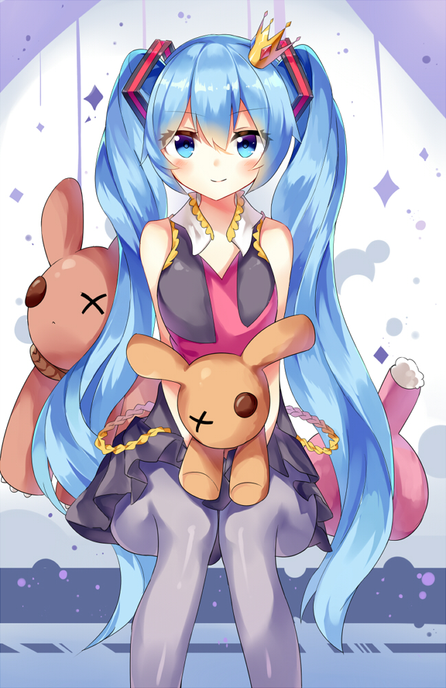1girl, blue_eyes, blue_hair, crown, hatsune_miku, kimagure_mercy_(vocaloid), long_hair, looking_at_viewer